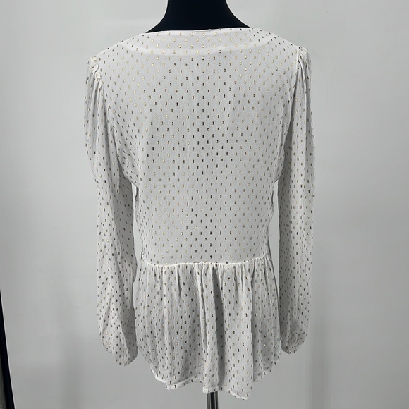 White V-neck Long Sleeve Blouse with Embossed Gold Print Women's size Small - Picture 2 of 7
